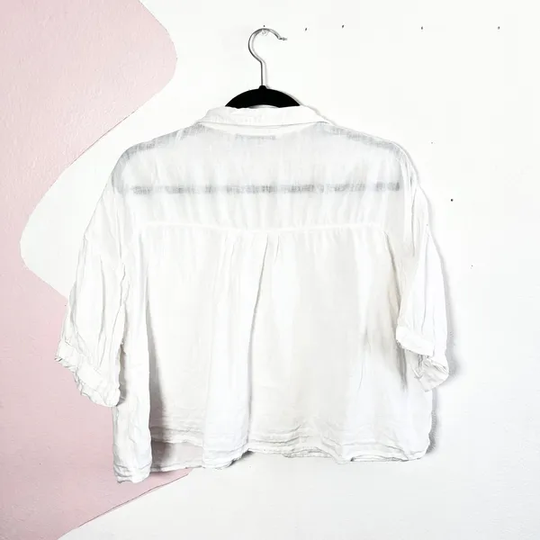 Zara Button Up Shirt Women's‎ Large White Linen Cropped Relaxed Fit Coastal Boho - Image 2