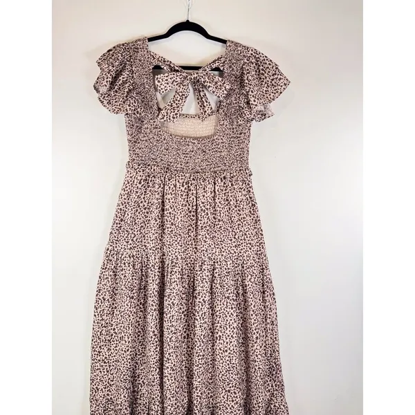 Revolve Majorelle Dress Beige Jade Maxi Cheetah Fit Flare Tiered Smocked Small - Image 9