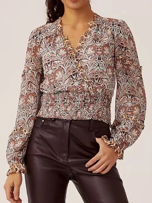 EUC Anthropologie Ruffled Smocked Surplice Top Floral Size Medium - Image 4