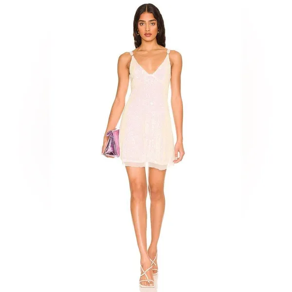 FREE PEOPLE Gold Rush Sequin Mini Dress Iridescent Sheer Cream Size Medium New‎ - Image 3