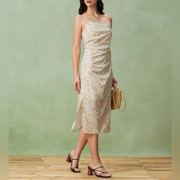Rihoas Yellow Floral Ruched Slip Midi Dress - Image 4
