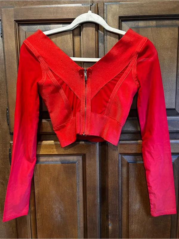 🌸WOW COUTURE Red Bandage Crop Top Sheer Mesh Long Sleeve Zip S - Image 3
