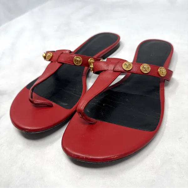 VERSACE Medusa Logo Studded Leather Thong Slide Flat Sandal Shoes Red Gold 38 - Image 4