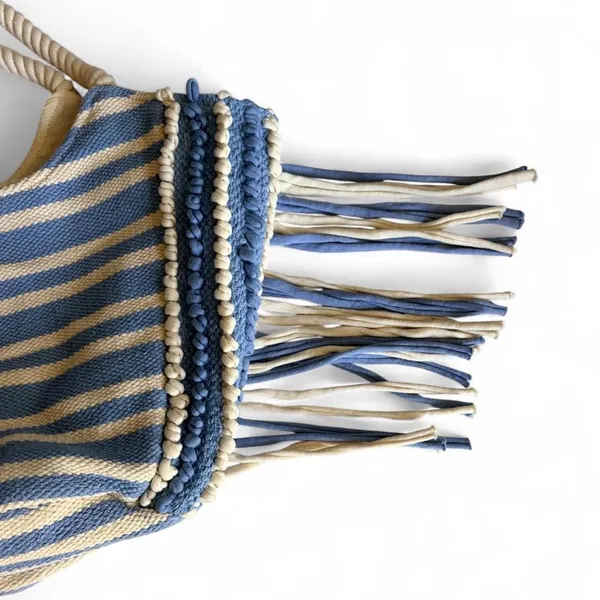 NWOT Blue Cream Boho Fringe Tote Bag Rope Handle - Image 3