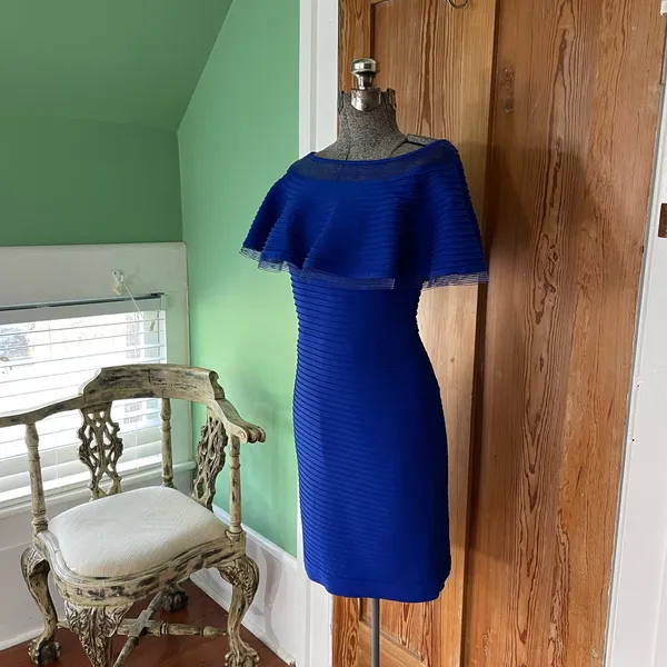 Tadashi Shoji Tobara Pintucked Off Shoulder Ruffle Dress Electric Blue~ XS 🧡🎀 - Image 6