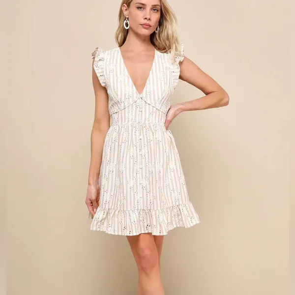 Lulus Sunny Crush Striped Embroidered Mini Dress Beige/Ivory M NWT IN PACKAGE - Image 3