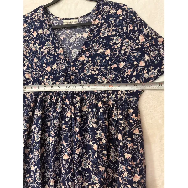 Natural Life Floral Babydoll Dress Womens XS/S Navy Blue Boho V-Neck Mini Rayon - Image 5