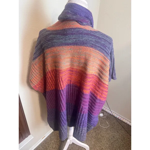Multiples Women XL Poncho Cowl Neck Sweater Wool Blend Striped Purple Orange - Image 3