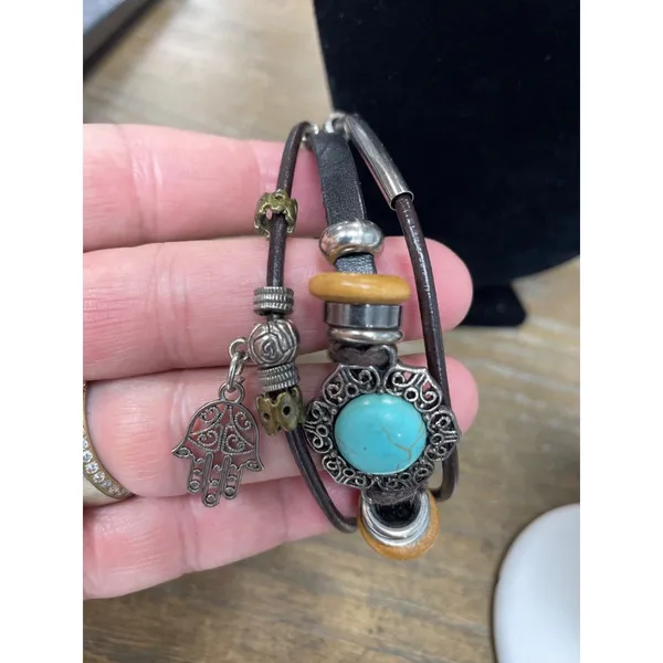 NY Turquoise stone Silver Necklace and turquoise stone leather Bracelet SKU 9687 - Image 9