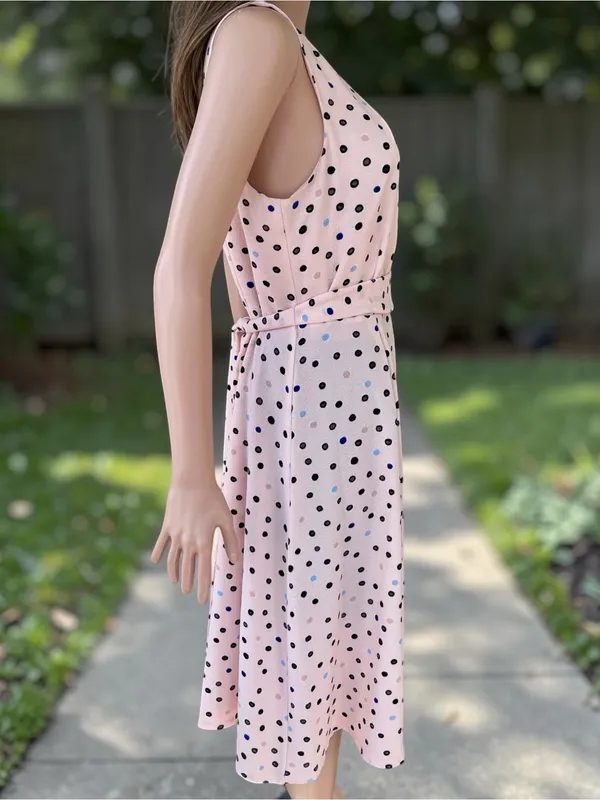 Elle Pink Polka Dot Midi Dress Size 10 Sleeveless Tie Waist Fit Flare - Image 5