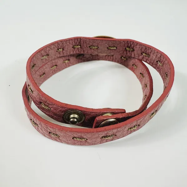 Fendi Pink Leather Selleria Wrap Bracelet 7in Gold Tone Logo Snap Designer - Image 4