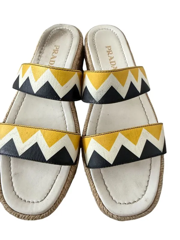 PRADA Zig Zag Beige Yellow Leather Platform Espadrilles Sandals Size 37.5 US 7.5 - Image 8