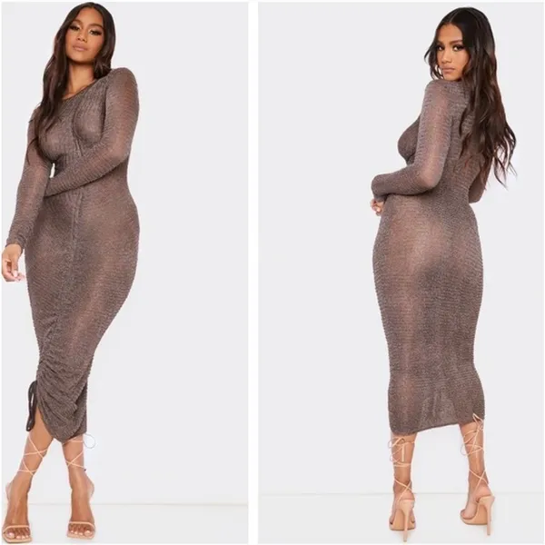 PrettyLittleThing NWT 59O Chocolate Textured Ruched Long‎ Sleeve Midi Dress Sz 4 - Image 2