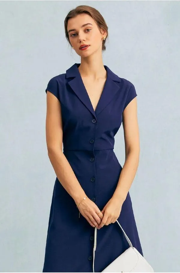 RIHOAS The Navy V Neck Button Cap Sleeve Midi Dress XS 22 - Image 2