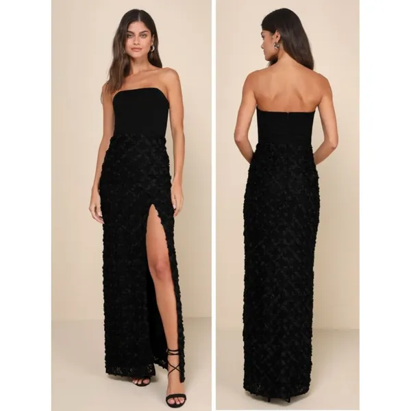 Lulus Ravishing Appeal Black 3D Floral Applique Strapless Maxi Dress Size XL NWT - Image 2