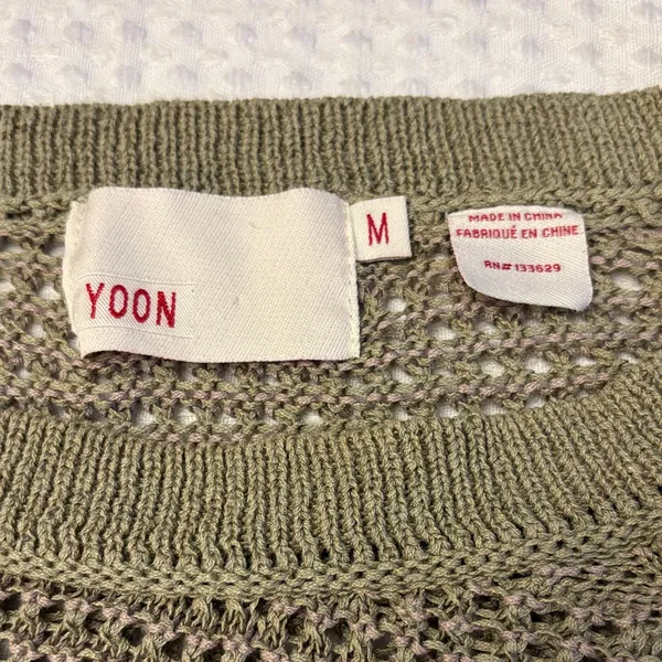 Anthropologie YOON Olive Green Open-Weave Crewneck Raglan Sleeve Poncho Sweater - Image 3