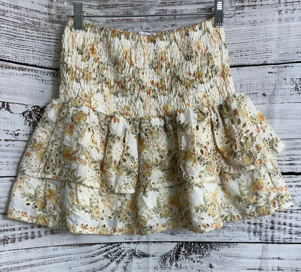 En Saison Skirt Womens Size Small ruched floral eyelet Ruffle Mini Tiered Boho - Image 3