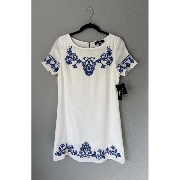 Lulus Tale to Tell Blue Ivory Embroidered Shift Dress XS NWT Read - Image 2