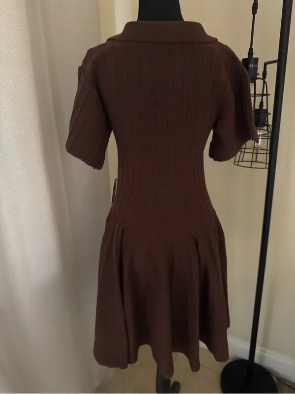 Anthropologie Brown Ribbed Knit A-Line Mini Sweater Dress NWT Small - Image 6