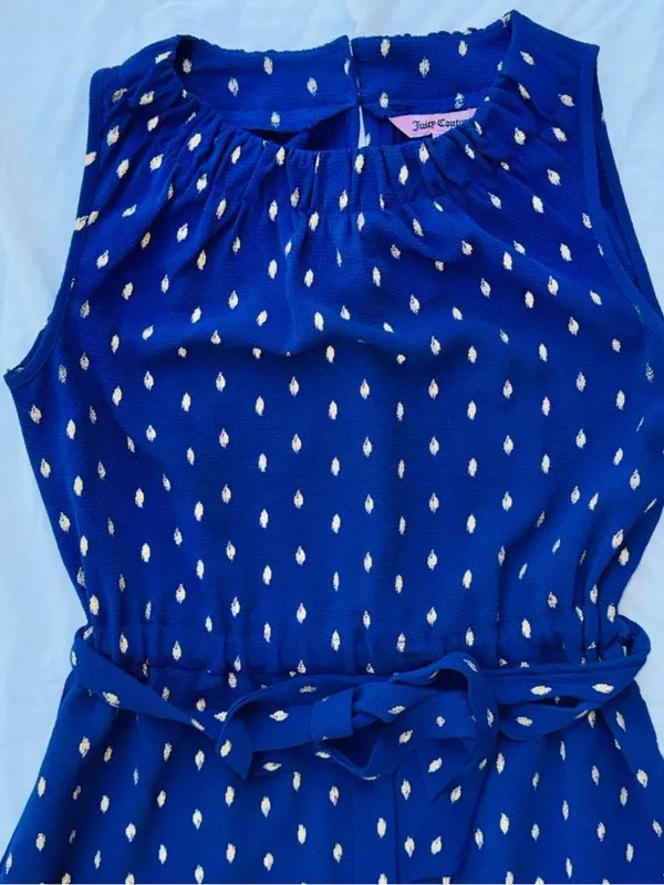 Juicy Couture Blue Polka Dot Fit & Flare Dress XS Belted Waist Y2K Feminine Midi - Image 3