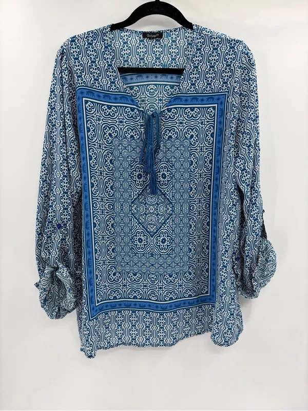 Tolani Blue Silk Medallion Print Boho Tassel Tie Blouse boho Top size large - Image 6