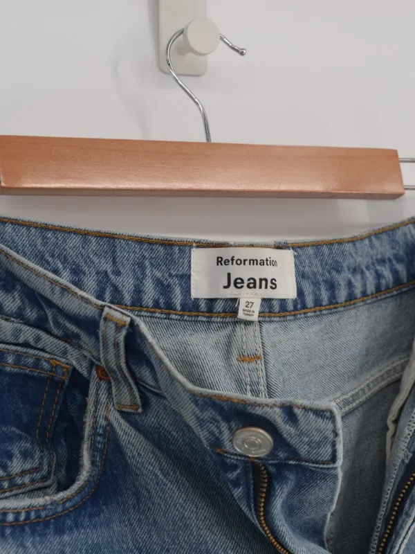 Reformation Jeans Iggy Super Wide Leg Stretch Atwood Wash Blue Raw Hem Womens 27 - Image 5