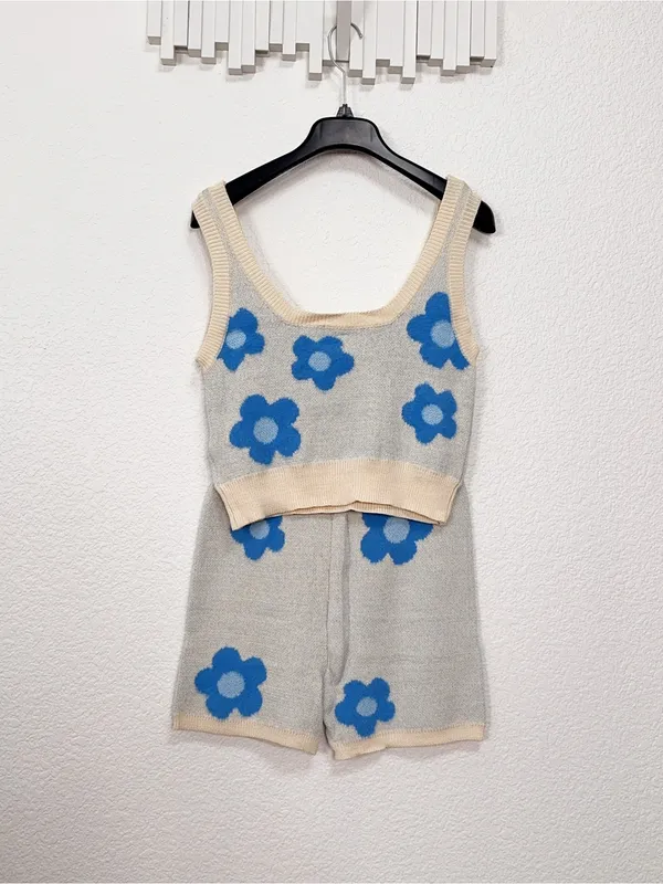 Miss Sparkling Blue Floral Knit Tank Shorts Set XL Two Piece Lounge Matching Set - Image 4