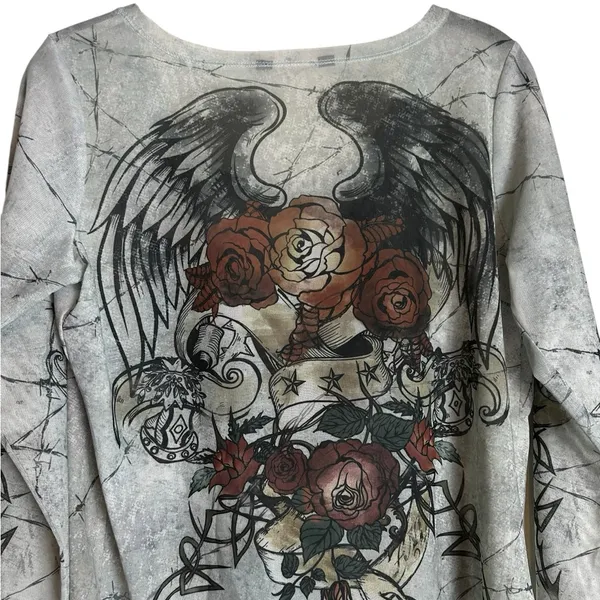 Rock & Republic Womens Y2K Mesh T-Shirt Gray Cross Angel Wings Tattoo Sleeve Grunge Size Med - Image 7