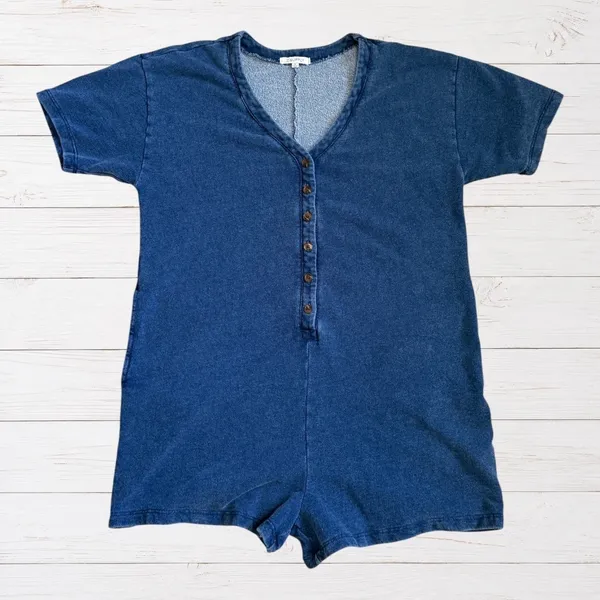 Z Supply Enid Romper Indigo Knit Denim Button Front V Neck Pockets S Minimalist - Image 2