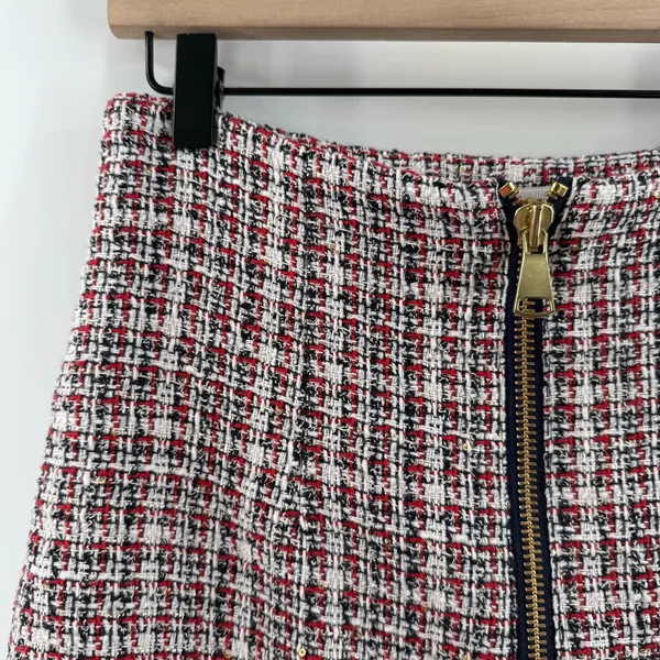 Ronny Kobo Skirt SZ Medium Loretta Tweed Mini Red Navy Gold Front Zip Lined - Image 7