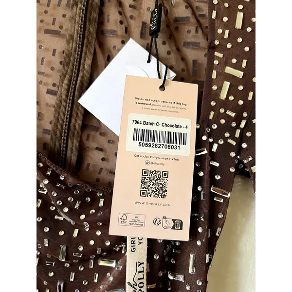 Oh Polly Zeta Sheer Embellished Long Sleeve Mini Dress in Deep Cocoa Size 0 New - Image 7