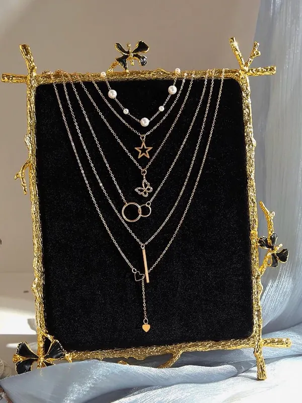 14K Gold Plated Multi-Layered Necklace with Star, Key, and Butterfly Charms - Image 7