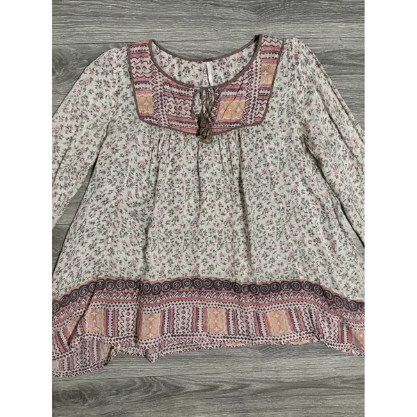 Free People Blouse S Floral Metallic Tassel Peasant Blouse Pink Cream Cottage - Image 13