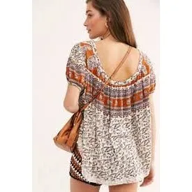 Free People Paisley Puff Sleeve Swing Boxy High Lo Frayed Hem Blouse Top S - Image 2