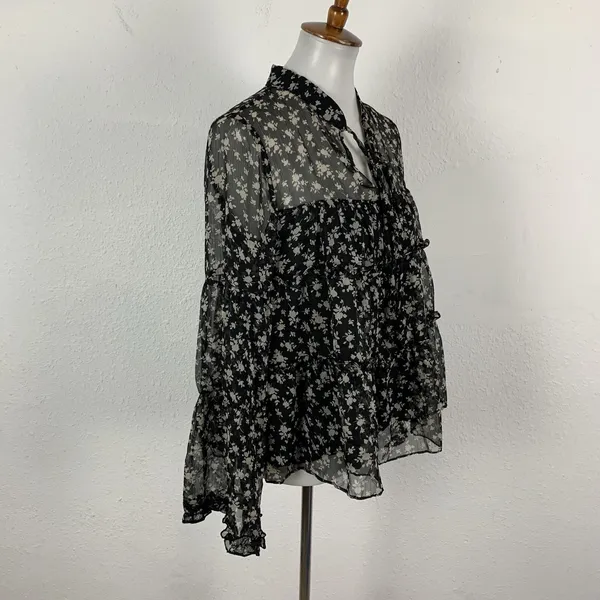 English Factory Blouse Small Black Gray Sheer Boho Long Sleeve Vintage - Image 5