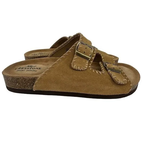 Greystone Ewan Slide Sandals Women 9.5 Brown Suede Whipstitch Buckle Boho Casual - Image 5