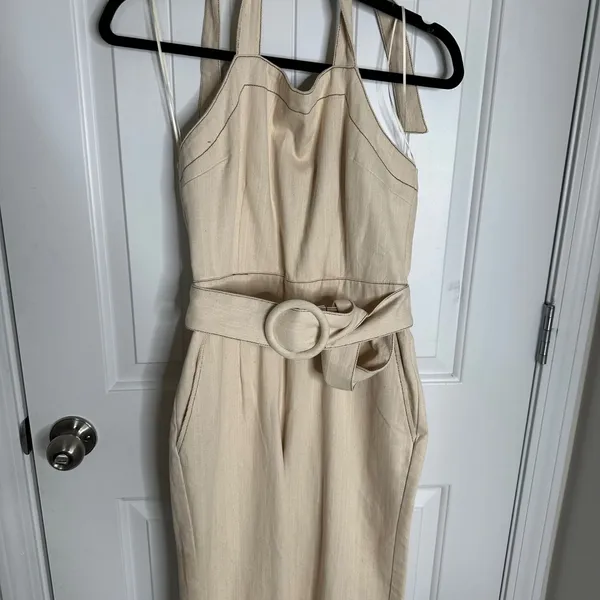 Anthropologie Moon River cream denim belted halter wide leg jumpsuit‎ small chic - Image 5