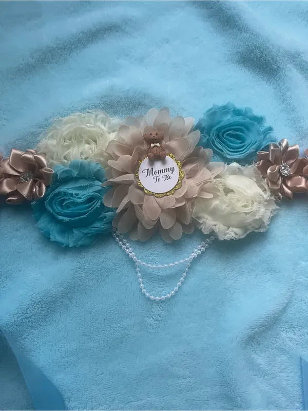 Floral Maternity Sash Belt and brooch in Blue, Cream & Tan - Image 5
