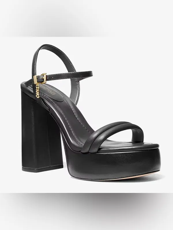 Michael Kors Black Laci Platform Block Heel Sandals with Gold Buckle - Image 2