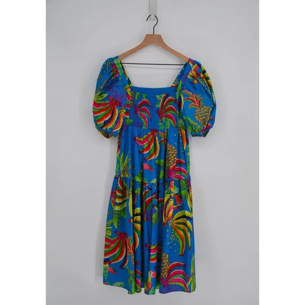 NEW Farm Rio Tropics Tiered Midi Dress XS Banana Print Puff Sleeve Empire Waist - Image 3