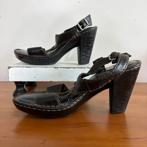 B.O.C. Concept Black Leather Platform Sandals Strappy‎ Block Heel Size 7/38 - Image 2