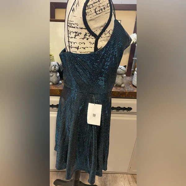 NWT B Darlin Blue Sequin Sparkly Cowl Neck Mini Dress - Image 4