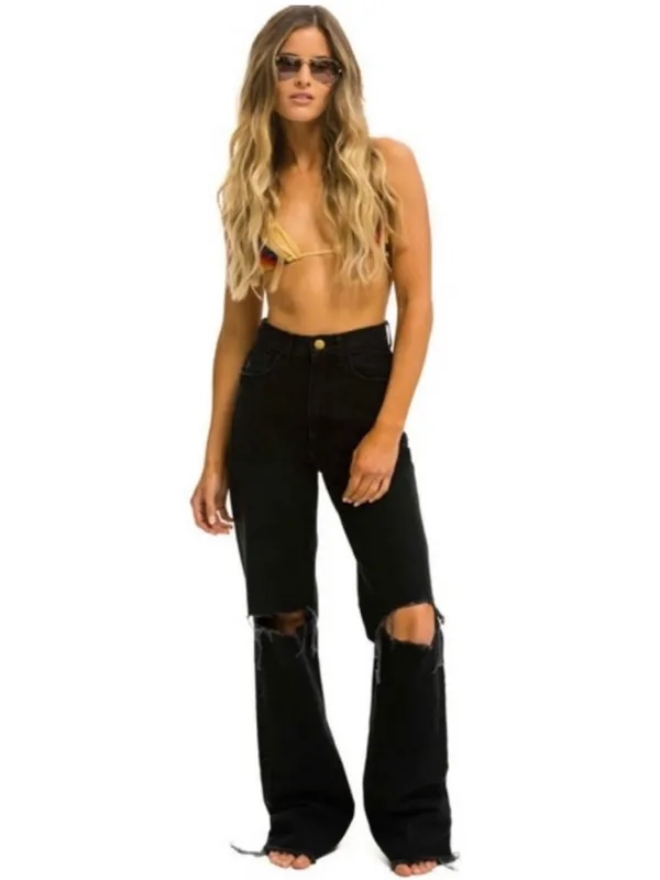 Aviator Nation Gypsy Hi Rise Wide Leg Jean Distressed Denim in Vintage Black 25 - Image 11