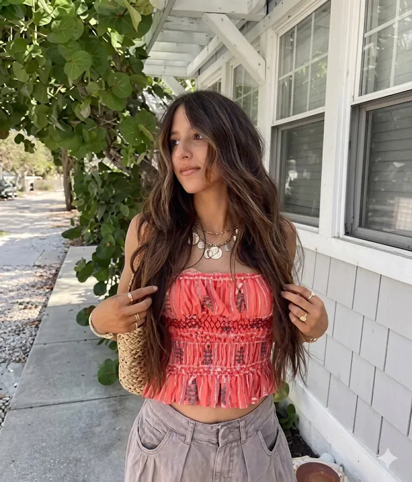 We The Free Coral Floral Striped Smocked Peplum Cami Crop Top Womens Small - Image 5