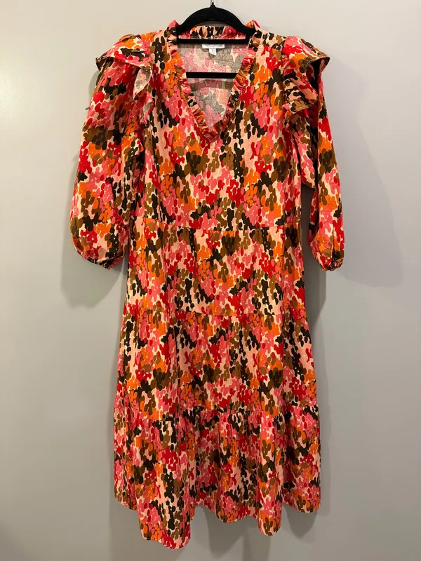 Mudpie V-Neck Ruffle Detail Patterned Midi Dress Pink Orange Multi - Image 4
