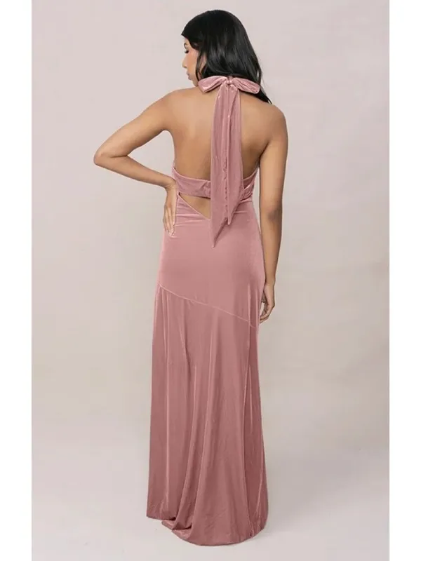 Revelry Athena Dress Size 4 Pink Velvet Halter Criss Cross Gown‎ Maxi Romantic - Image 2