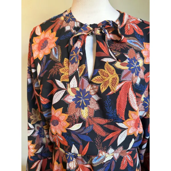 Boho Floral Long sleeve Mini Dress Black Orange whimsigoth flowy retro lotus 16‎ - Image 3