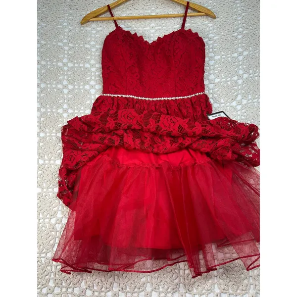 City Studio Ruby Red Lace Fit & Flare Dress Size 3 Rhinestone Waist NWT - Image 12