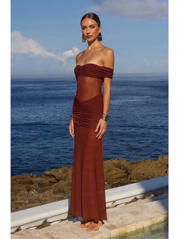 Runaway The Label Meila Maxi Dress in Espresso XSmall New Womens Jersey Mesh - Image 9