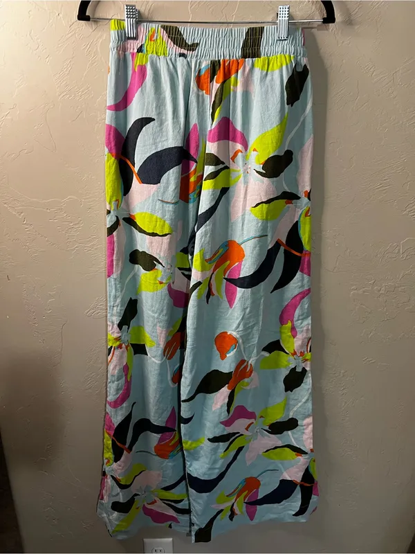 A New Day Blue Tropical Floral Linen Rayon Wide Leg Pull On Vacation Pants - Image 8